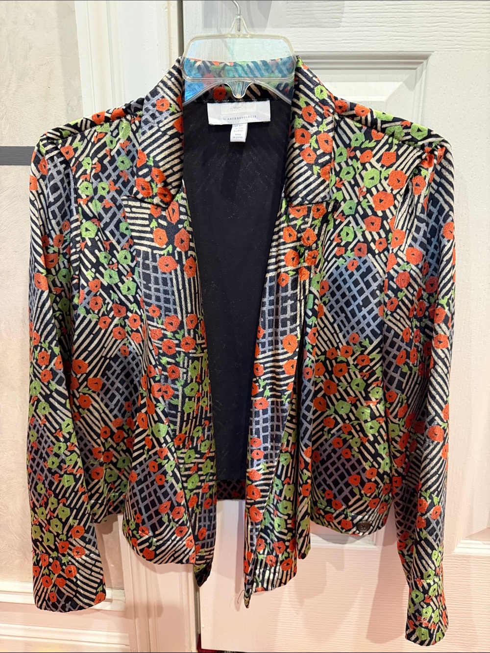 Anthropologie Black Floral-Pattern Open Blazer Jacket